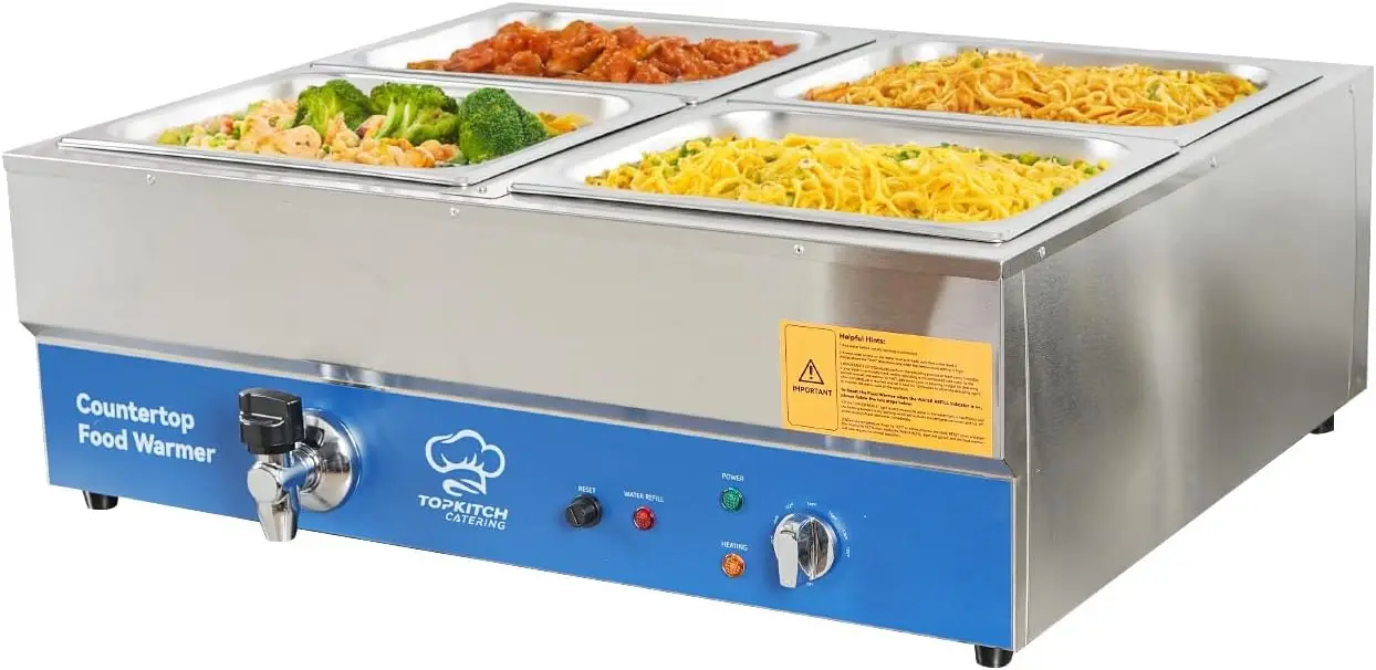 Bain Marie Food Warmer - ETL-gecertificeerde commerciële voedselwarmer met 4 bakken,